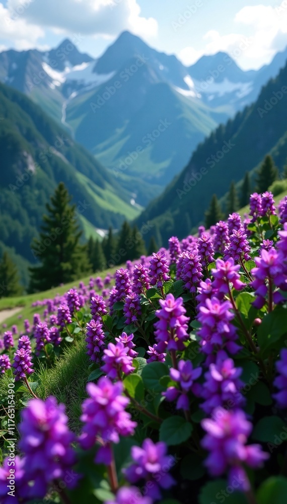 Obraz premium Dense purple flowers blooming on a mountain slope, botany, dense, purple