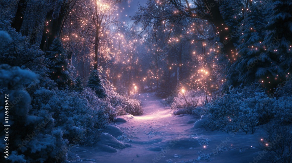 Fototapeta premium Enchanting Winter Wonderland: Ethereal Forest Glowing with Soft Light and Pristine Snow Blanket