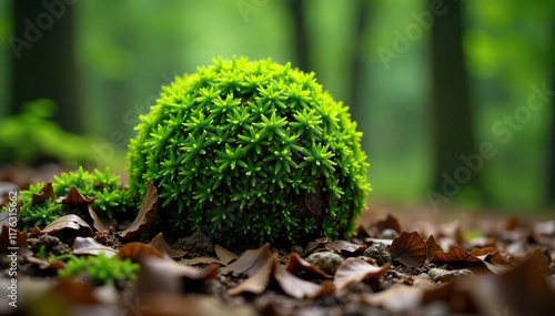 Moss covered sphere half buried in leaf litter, spheres, forests, moss photo