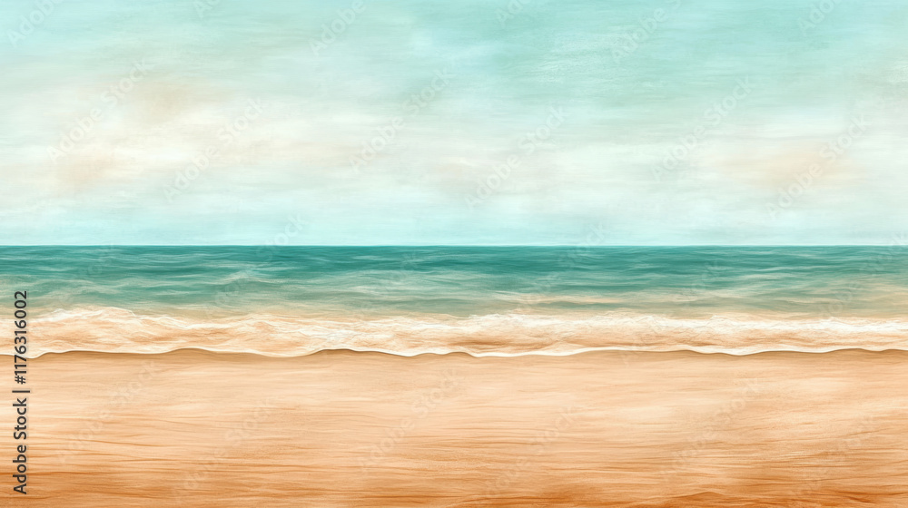 Fototapeta premium serene beach scene with soft turquoise ocean waves blending into sandy shore under light blue sky, evoking calm and relaxation