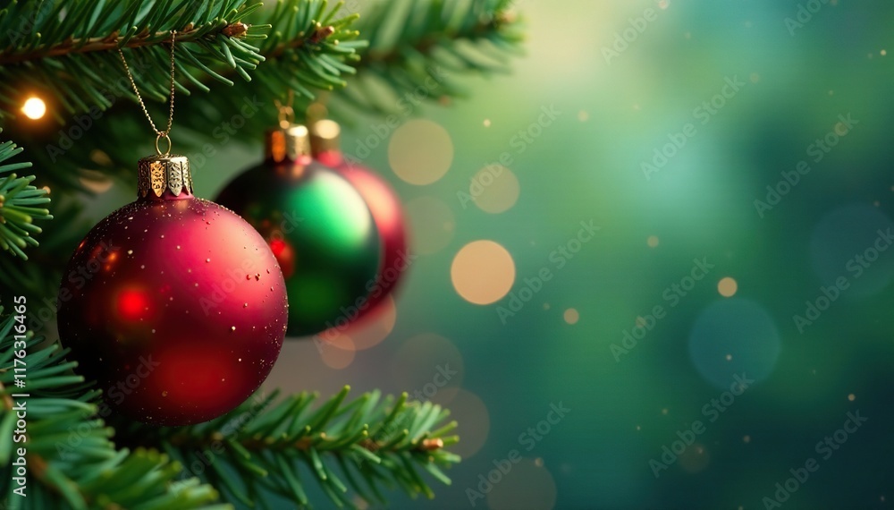 Red and green ornaments hanging from a garland, christmas decorations, merry and bright Red and green ornaments hanging from a garland, christmas decorations, merry and bright