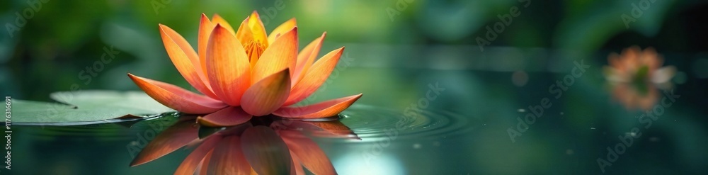 Fototapeta premium Delicate ripples disturb a serene water surface housing an orange lotus bloom, nature photography, floral motifs
