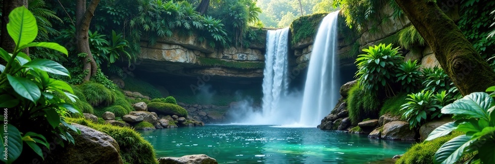 Fototapeta premium Jungle waterfall cascading down mossy stone walls, greenery, water features, jungle