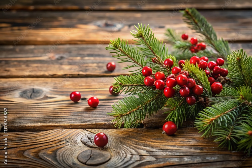 Rustic Wooden Table Christmas Decoration Pine Branches Red Berries Winter Holiday Still Life Photography Rustic Wooden Table Christmas Decoration Pine Branches Red Berries Winter Holiday Still Life Photography