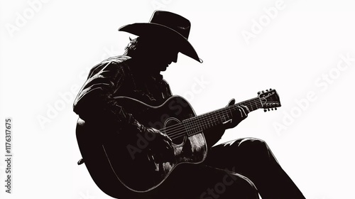 A silhouette of a cowboy playing an acoustic guitar. Suitable for marketing or business purposes. Panoramic banner with place for text