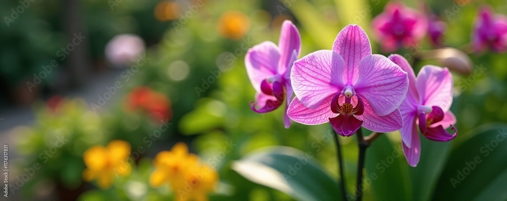 Purple orchid blooms in a garden with other colorful flowers and foliage, dendrobium, foliage Purple orchid blooms in a garden with other colorful flowers and foliage, dendrobium, foliage