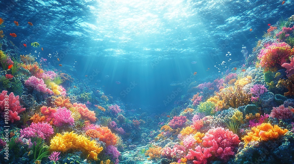 Naklejka premium A vibrant underwater scene showcasing colorful coral reefs and marine life illuminated by sunlight.