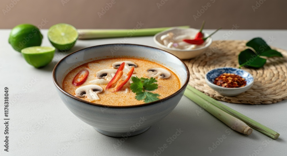 Spicy coconut soup with mushrooms, lime, and herbs