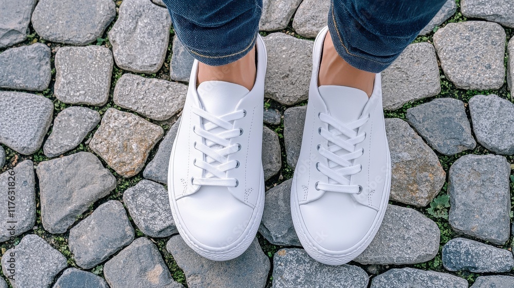 Stylish white sneakers on a paved stone walkway showcasing a minimalist and modern design