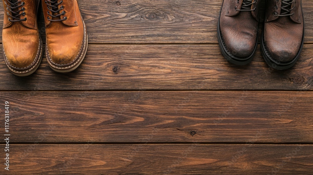 Pair of Durable Leather Boots Displayed on Rustic Wooden Planks Pair of Durable Leather Boots Displayed on Rustic Wooden Planks