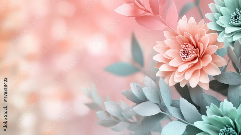 Obraz premium Soft pastel flowers with delicate petals and green leaves create serene and dreamy composition, blending pale pink and mint tones in spring inspired gradient background