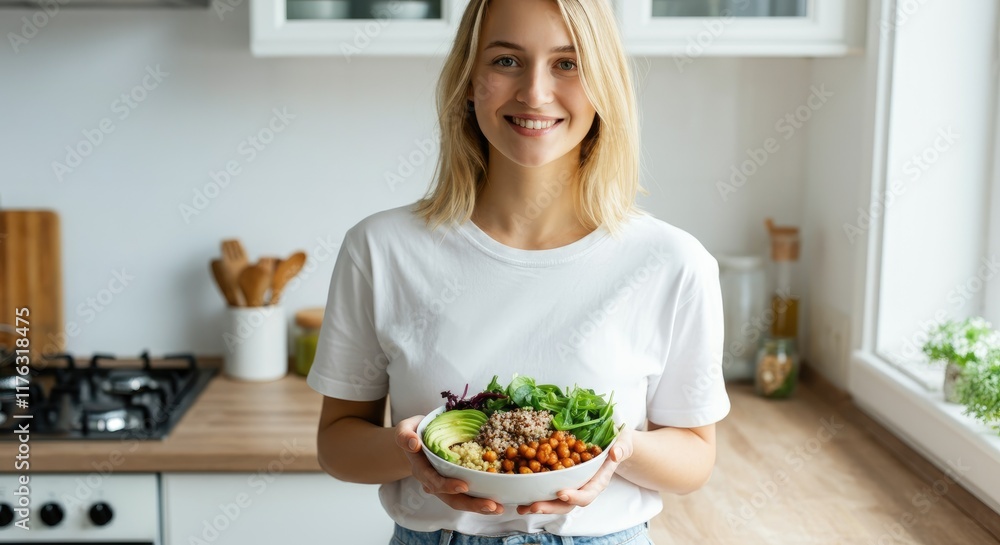 Smiling Caucasian woman holding bowl of healthy salad in modern kitchen Smiling Caucasian woman holding bowl of healthy salad in modern kitchen