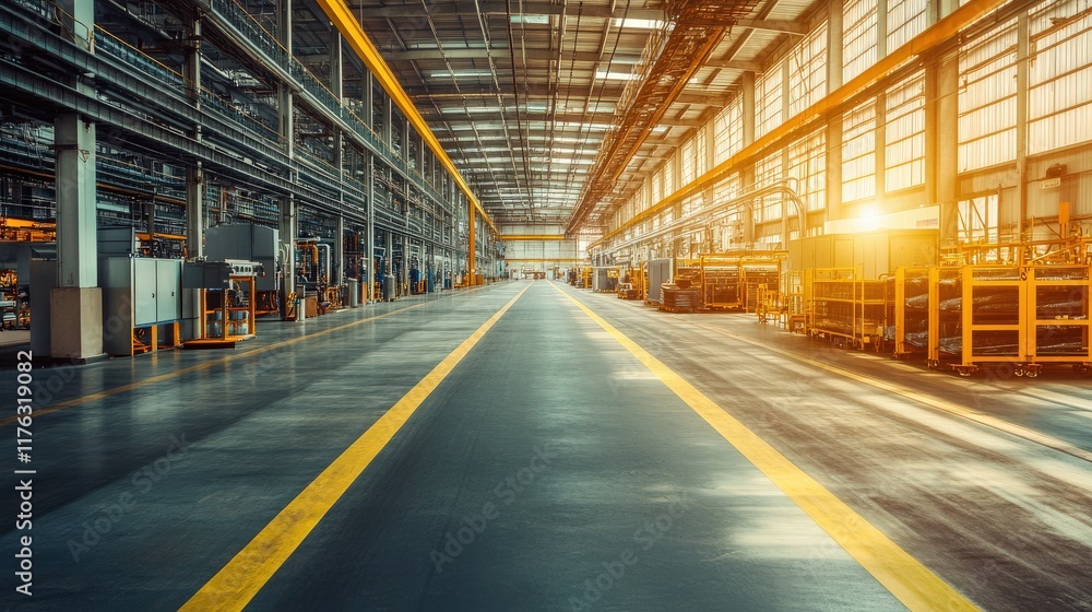 Fototapeta premium Bright and Spacious Industrial Warehouse Interior with Clean Lines and Natural Lighting, Featuring Organized Equipment and Modern Infrastructure in a Manufacturing Facility