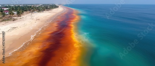 Colorful ocean meets sandy beach under clear skies. photo