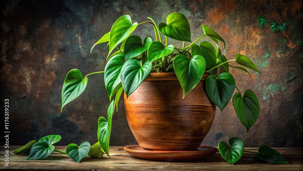 Serene Dimly Lit Heartleaf Philodendron Plant in Clay Pot - Lush Greenery Serene Dimly Lit Heartleaf Philodendron Plant in Clay Pot - Lush Greenery