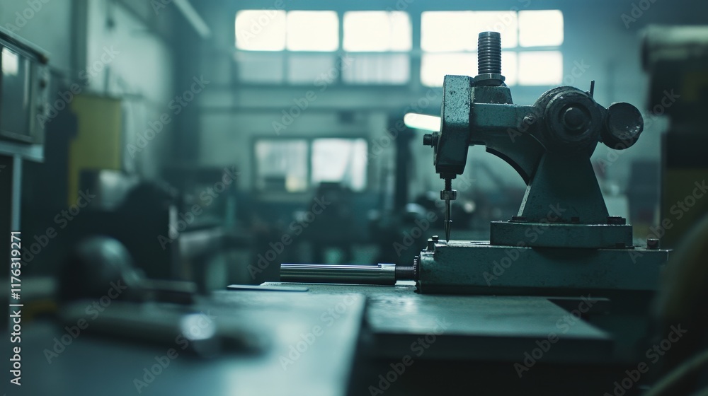 Fototapeta premium Industrial Workshop Scene Featuring Metalworking Machinery and Tools in a Dimly Lit Environment, Showcasing the Craftsmanship of Skilled Labor
