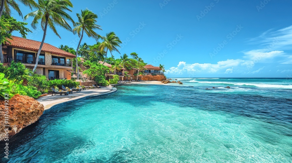 Fototapeta premium Tropical beach scene with clear waters, palm trees, and luxury villas under a bright blue sky.