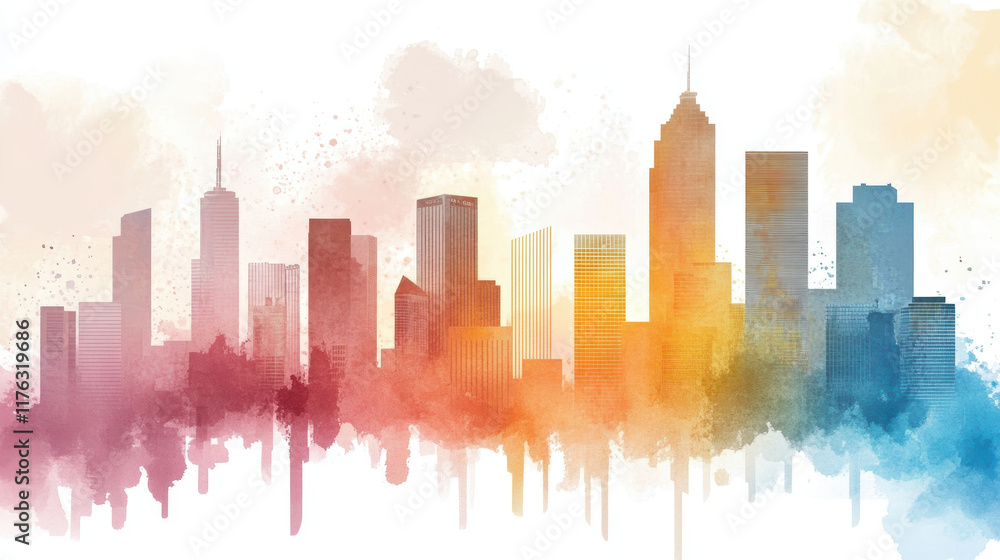 Fototapeta premium vibrant cityscape illustration with dynamic brushwork, showcasing colorful skyscrapers and abstract urban skyline against white background