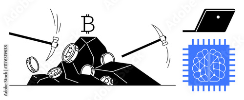 Pickaxes extracting Bitcoin from rocks, laptop, and AI chip symbolizing mining and technological advancements. Ideal for cryptocurrency, blockchain, mining, technology, data analysis, AI digital