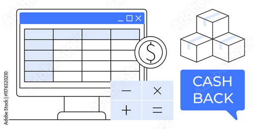 Computer screen with a spreadsheet, dollar sign, calculator, stacked boxes, and Cash Back bubble. Ideal for finance, budgeting, e-commerce retail supply chain investment accounting. Simple