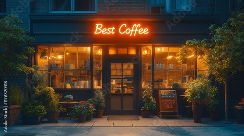 Illuminated coffee shop storefront at night.