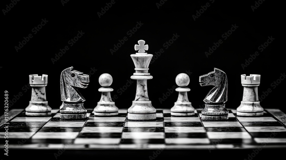 Black and White Chess Pieces on Board with Crowned King Center Stage Black and White Chess Pieces on Board with Crowned King Center Stage