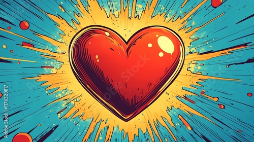 Red heart exploding in vibrant comic style.