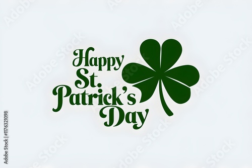 Green shamrock with Happy St. Patrick's Day text on a white background. Classic and simple design for St. Patrick's Day celebrations, banners or poster.