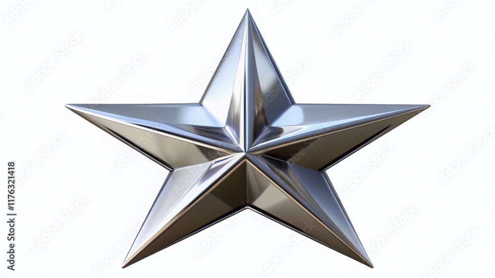 Obraz premium Shiny Chrome Five-Point Star, Silver Reflective Star, Glossy Metal Star, PNG Cutout, 5-Pointed Star