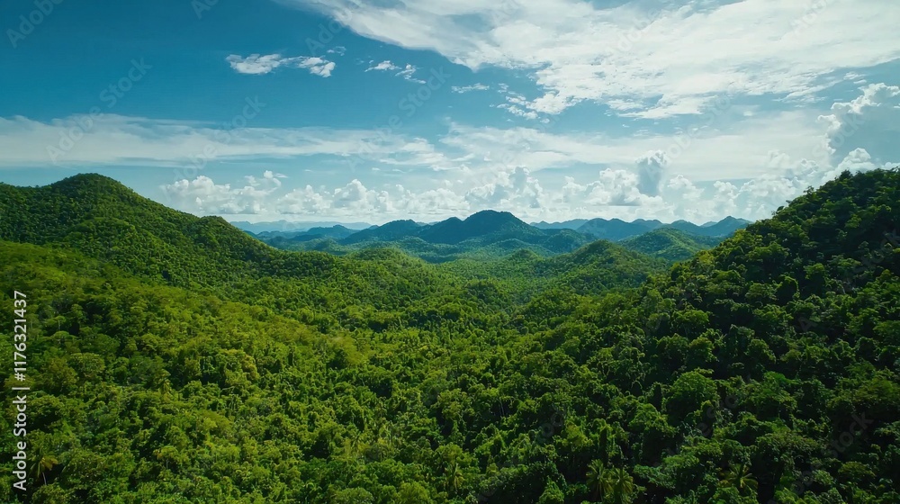 Fototapeta premium Breathtaking Lush Green Forest Landscape with Majestic Mountain Peaks in the Distance
