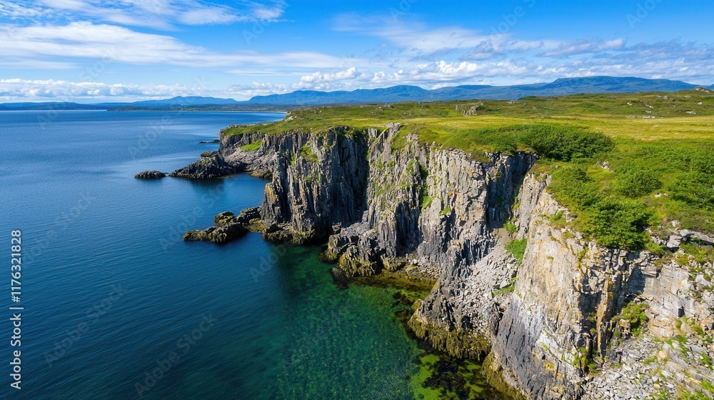 Majestic Coastal Cliffs Overlooking Tranquil Ocean Horizon and Verdant Meadows Majestic Coastal Cliffs Overlooking Tranquil Ocean Horizon and Verdant Meadows