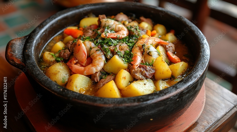 Clay pot of savory stew with shrimp, beef, and potatoes. Clay pot of savory stew with shrimp, beef, and potatoes.