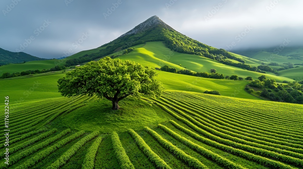 Fototapeta premium Lush Green Hill Landscape with Isolated Tree and Rolling Mountainous Terrain