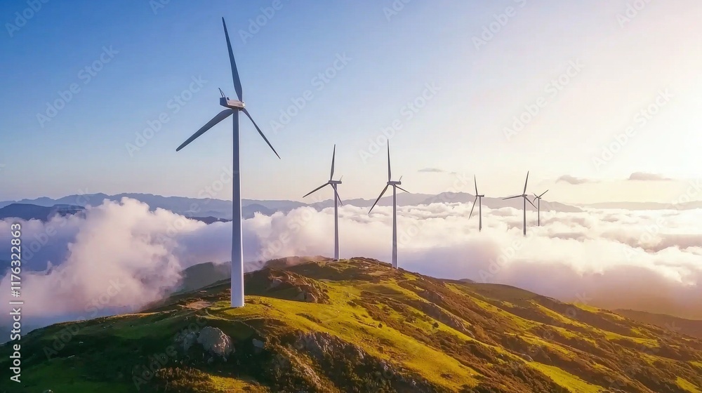 Obraz premium Picturesque Wind Turbines on Grassy Hilltop with Dramatic Cloudy Sky