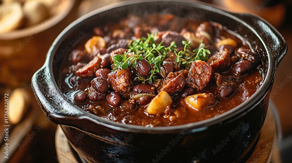 Steaming hot pot of hearty bean stew with sausage. Steaming hot pot of hearty bean stew with sausage.