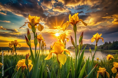 Silhouette of Yellow Irises Blooming at Sunset, Brok Szilas Valley, Budapest, Hungary photo