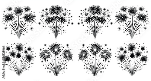 Fireworks exploding vector illustration, Celebrations fireworks vector silhouettes, Festive fireworks silhouettes vector design, Abstract fireworks vector silhouettes, Black fireworks silhouettes