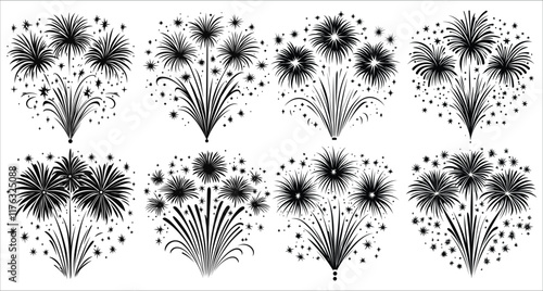 Fireworks exploding vector illustration, Celebrations fireworks vector silhouettes, Festive fireworks silhouettes vector design, Abstract fireworks vector silhouettes, Black fireworks silhouettes