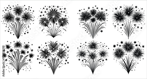 Fireworks exploding vector illustration, Celebrations fireworks vector silhouettes, Festive fireworks silhouettes vector design, Abstract fireworks vector silhouettes, Black fireworks silhouettes