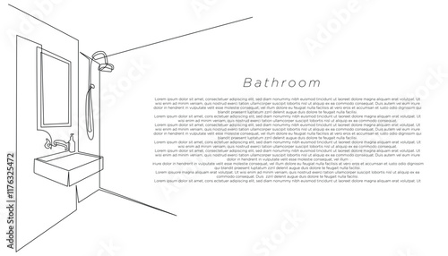 bathroom continuous line drawing.one line drawing of modern bathroom interior.single line vector illustration.isolated white background