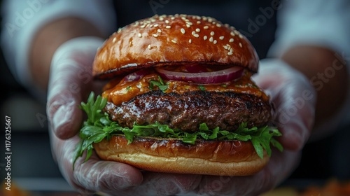 Close-Up of Chef Assembling Delicious Burger with Fresh Ingredients photo