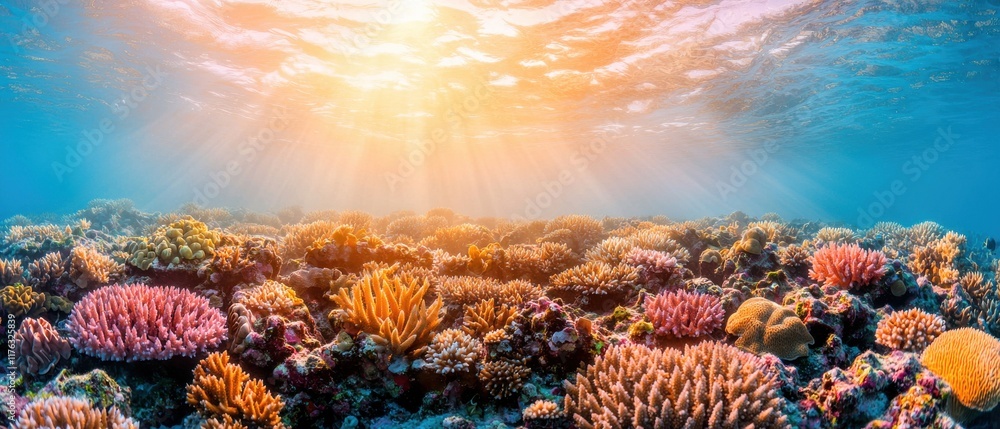 Fototapeta premium Vibrant coral reef illuminated by sunlight in clear blue waters.