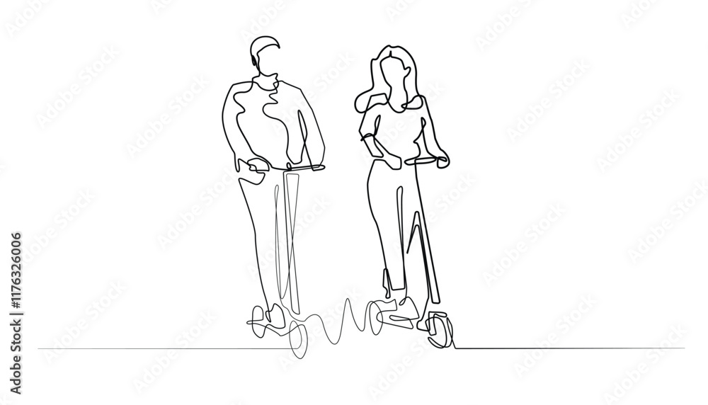 continuous line of electric scooter.one line drawing of man and woman riding an electric scooter .isolated white background continuous line of electric scooter.one line drawing of man and woman riding an electric scooter .isolated white background