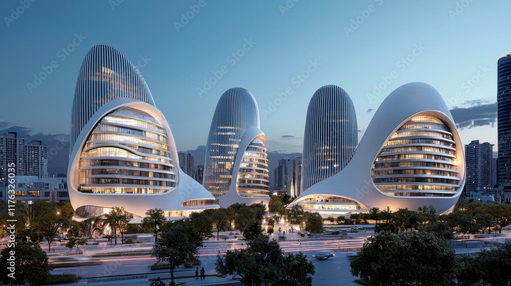 Fototapeta premium Futuristic Skyline of Curved Organic Glass Towers Reflecting the Tranquil Sky