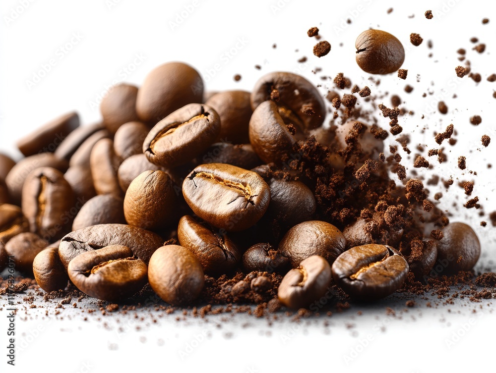 A pile of coffee beans and ground coffee, showcasing the rich texture and color of roasted coffee. A pile of coffee beans and ground coffee, showcasing the rich texture and color of roasted coffee.