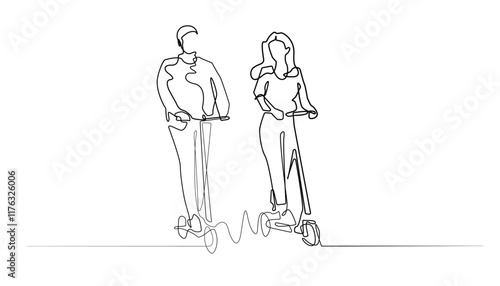 continuous line of electric scooter.one line drawing of man and woman riding an electric scooter .isolated white background
