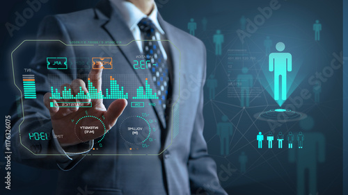 Businessman touching futuristics virtual screen while selecting the right candidate for a manpower plan
