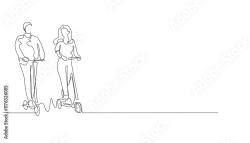continuous line of electric scooter.one line drawing of man and woman riding an electric scooter .isolated white background
