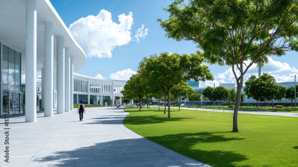 Modern University Campus with Lush Landscaping and Glass Facade Building Modern University Campus with Lush Landscaping and Glass Facade Building