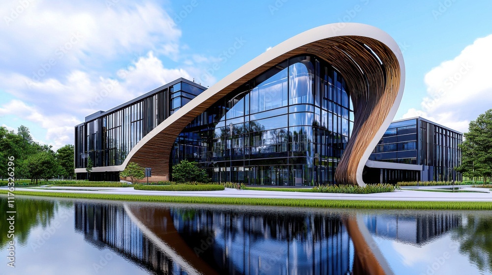 Fototapeta premium Futuristic Glass and Steel Modern Office Building Reflecting in the Lake